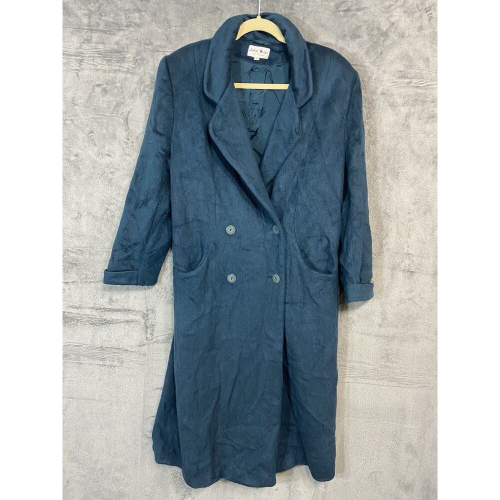 VTG John Weitz Size 12 Aqua Teal Blue Wool Button Over Pea Coat Double Breasted